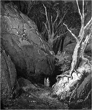 Illustration of Dante and Virgil leaving the dark wood by Gustave Dore