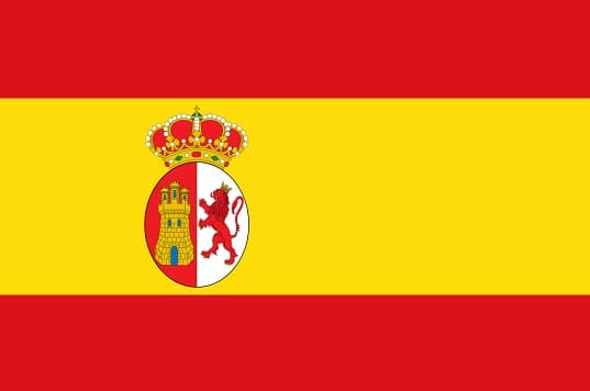 The early modern flag of Spain, featuring a coat of arms and a red and yellow striped background.