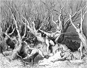 Illustration of Spendthrifts running through the wood of the suicides by Gustave Dore