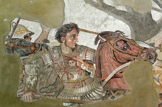 Close-up of Alexander the Great depicted on the Alexander Mosaic, riding a horse and wielding a spear.