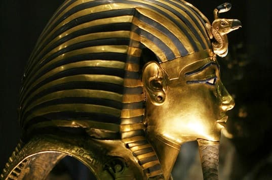 Side view of the golden death mask of Tutankhamun on display at the Egyptian Museum in Cairo.
