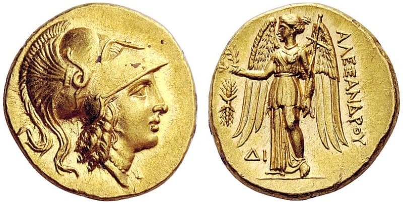 Gold stater of Alexander the Great, Memphis mint, featuring Athena and Nike