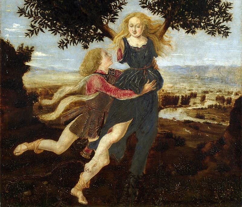 Apollo pursuing Daphne, who begins to transform into a laurel tree