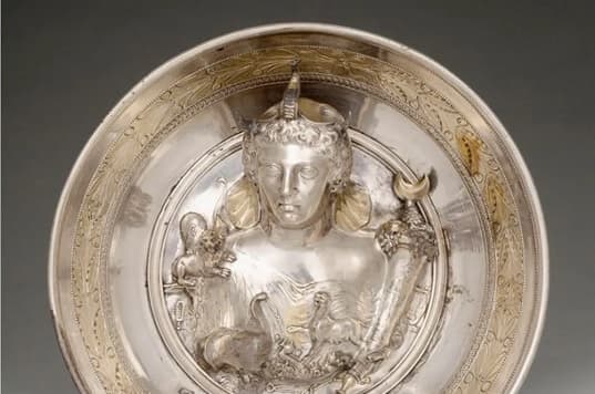 Gilded silver plate with a raised relief image of a queen. Part of the Boscoreale Treasure.