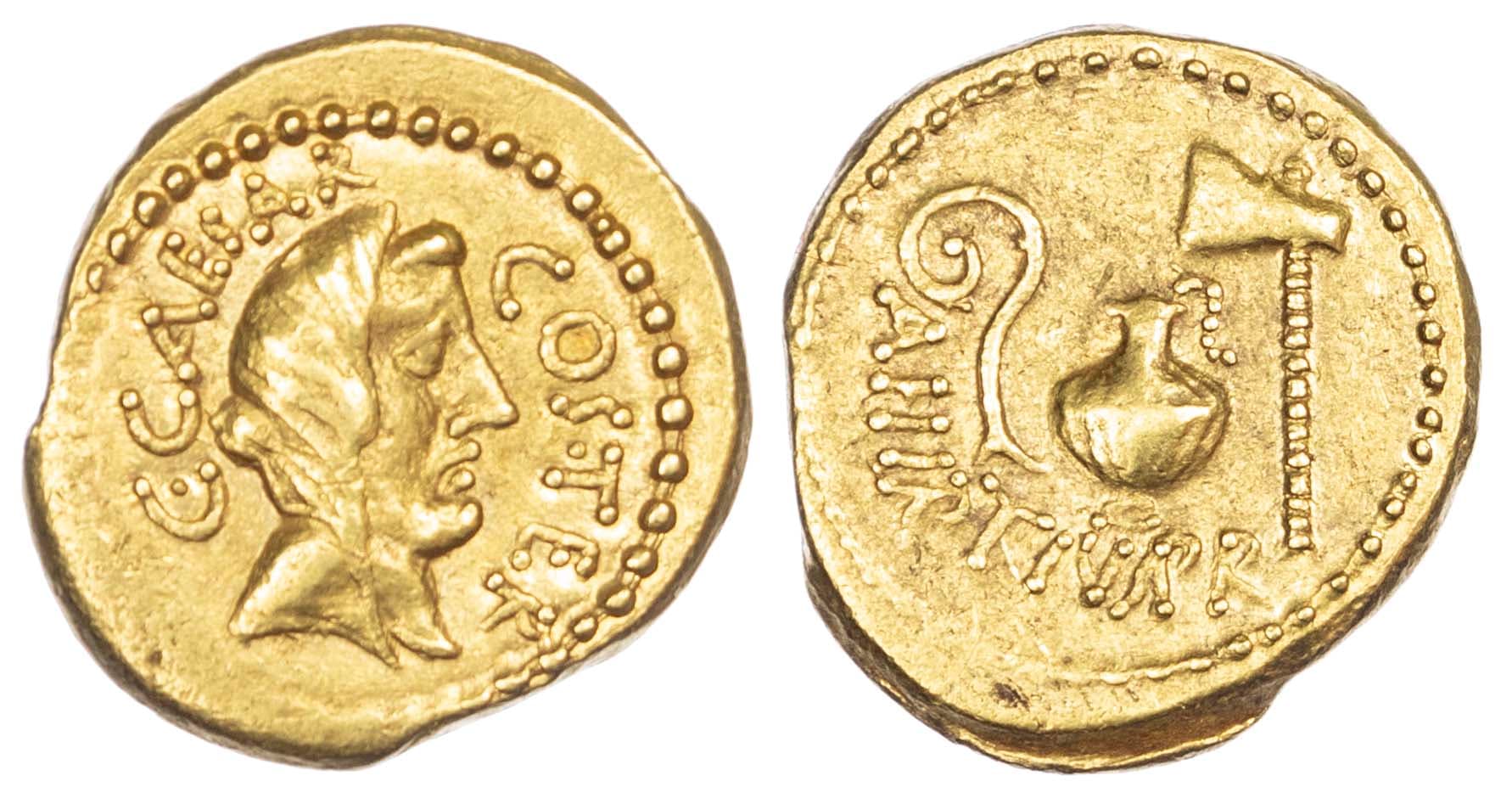 Aureus of Julius Caesar minted 46 BC with Vesta and Pontifical emblems