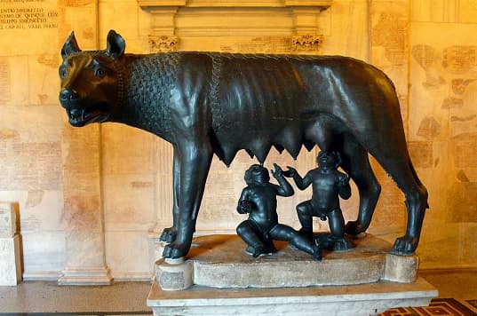 The Capitoline Wolf, a bronze sculpture of a she-wolf suckling Romulus and Remus.
