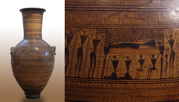 Photo of the Dipylon Amphora. The right side zooms in on the prominent funeral procession scene.