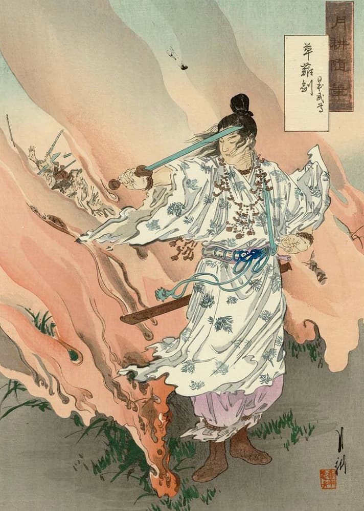19th-century Japanese woodblock print of Prince Yamato Takeru holding the sacred sword Kusanagi no Tsurugi