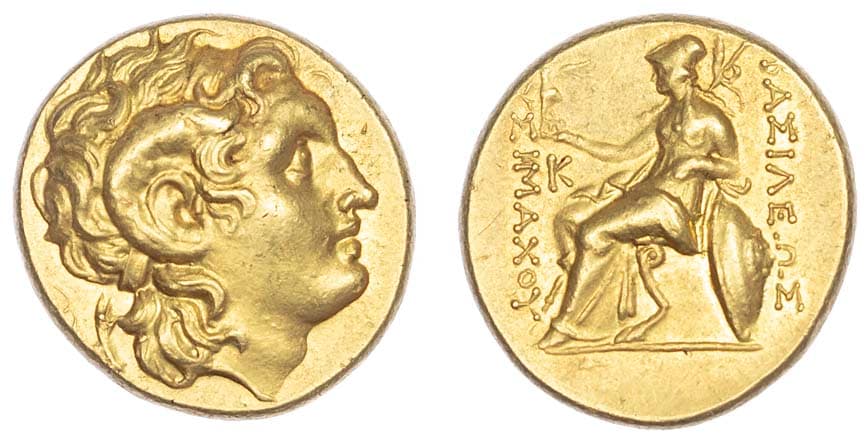Gold Stater of Lysimachos featuring Alexander the Great and Athena