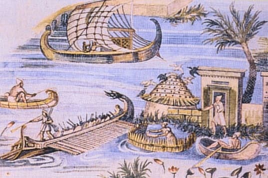 A close-up of the Nile Mosaic of Palestrina, depicting various animals and people along the Nile river.