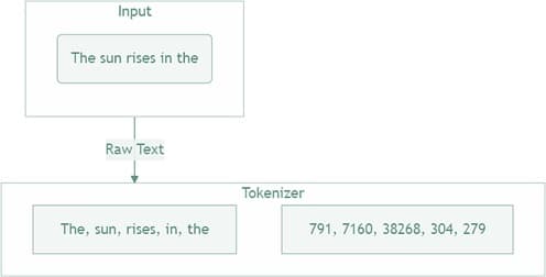 Illustration showing tokenization of the sentence 'The sun rises in the' into tokens and token IDs
