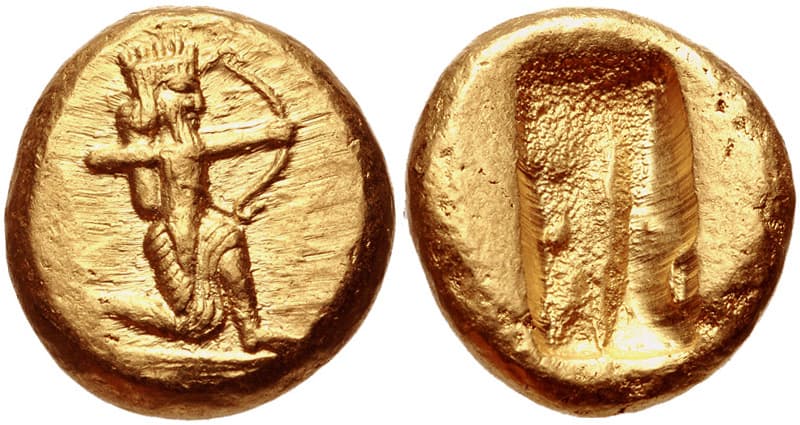 Type II Persian Daric gold coin depicting king shooting arrow, circa 505-480 BC