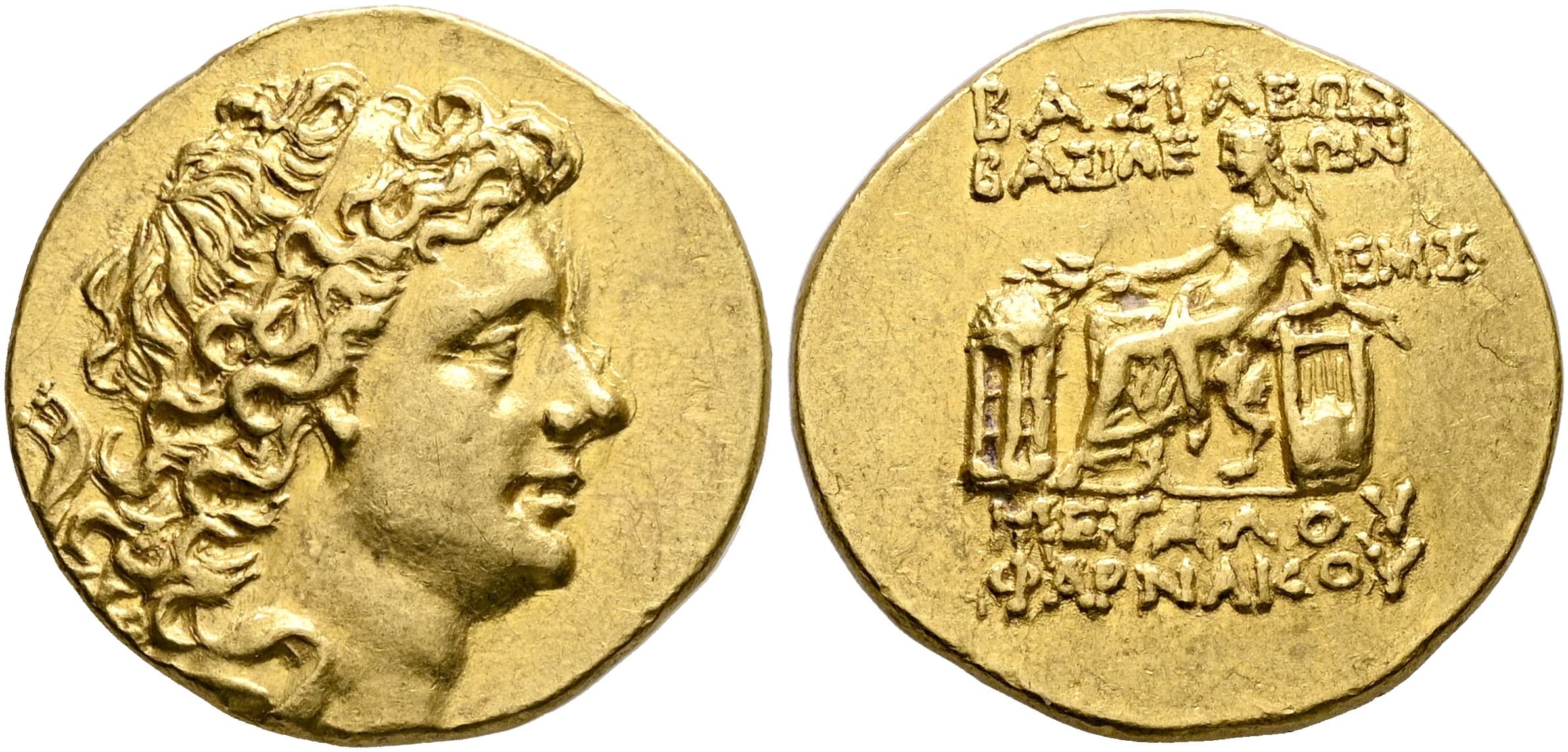 Gold Stater of Pharnakes II featuring his portrait and Apollo