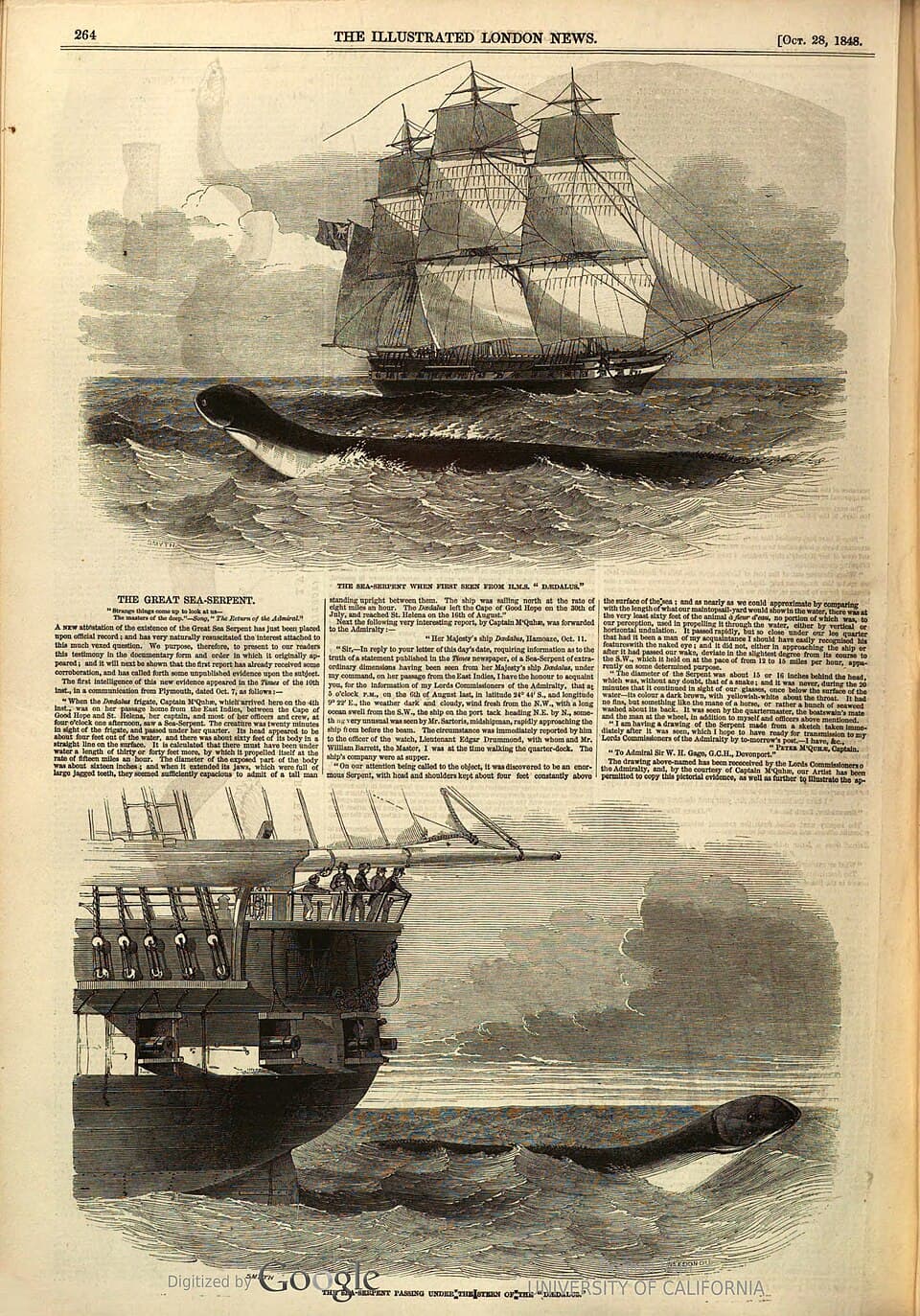 Illustration of a sea serpent sighted from HMS Daedalus in 1848