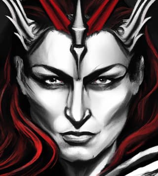 Close-up digital artwork of the face of Syn, the Norse goddess associated with vigilance, guardianship, and defense in assemblies and legal proceedings.