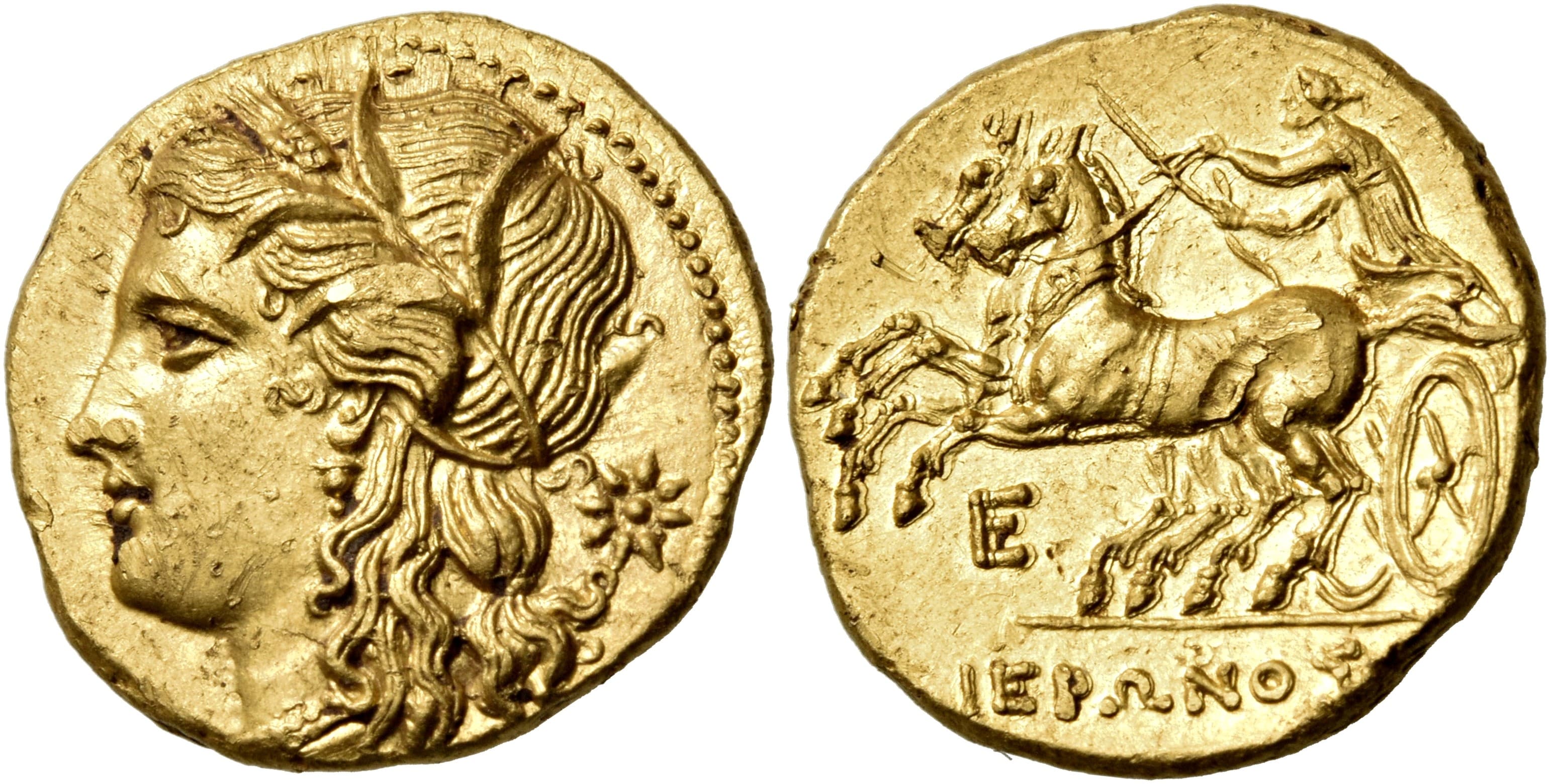 Gold Decadrachm of Syracuse featuring Persephone and a sea-horse