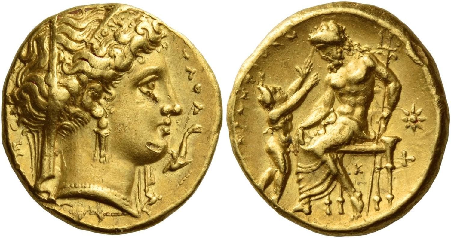 Gold Stater of Tarentum featuring Hera and Poseidon